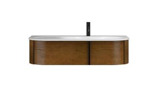 Flacher, asymmetrisch breiter Mineralgusswaschtisch Lavo 2.0