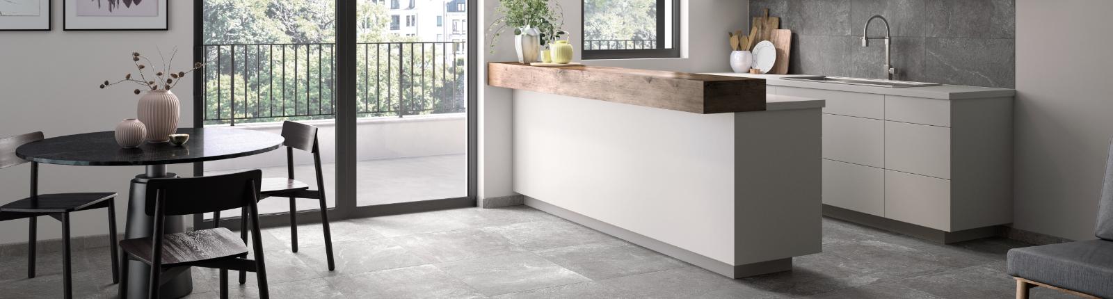 Moderne Küche mit großen Fliesen